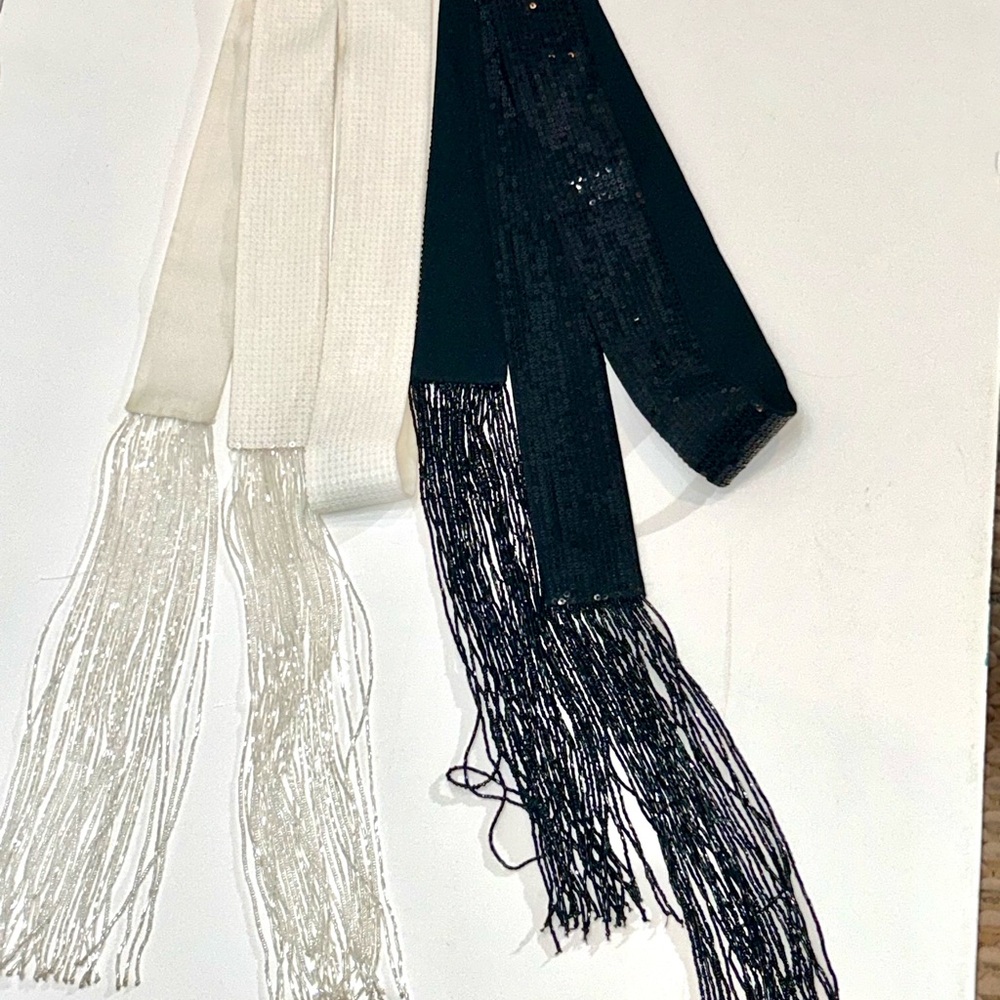 Per Se Black, White Sequined and Beaded Sash Belts Set with Fringe - Picture 10 of 13
